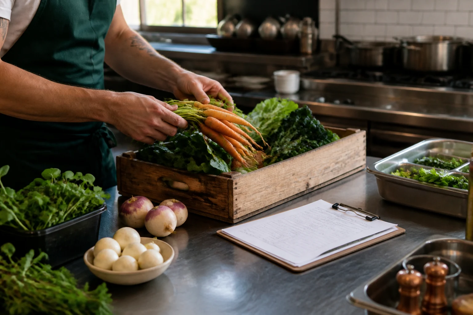 A chef checks a produce delivery against an invoice in an organized professional kitchen